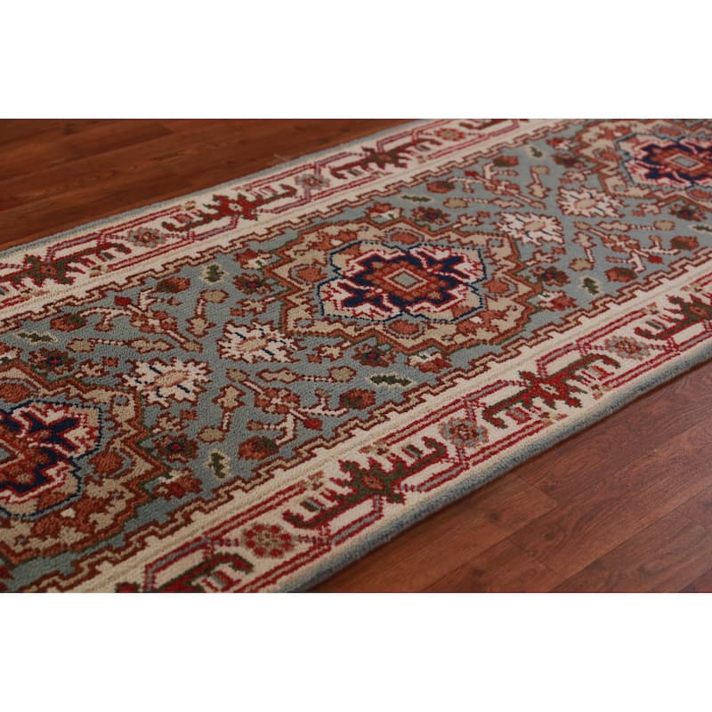 Hand Knotted Oriental 100% Wool Carpet Traditional Geometric Navy Blue & Blues Heriz (serapi) Runner Rug - 8' 2'' X 2' 6''