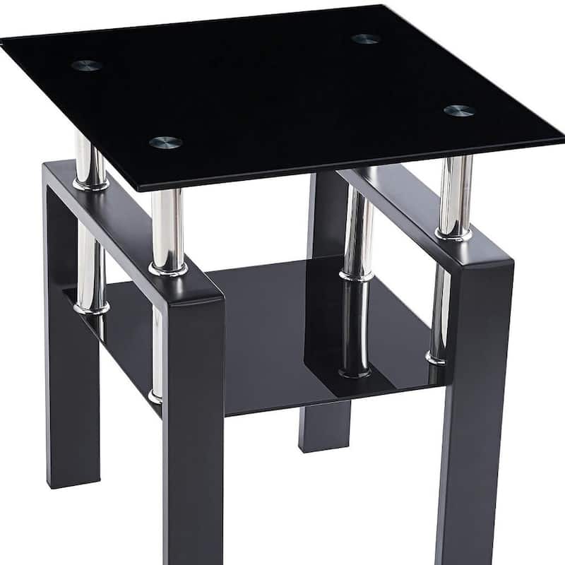 HomeRoots Black Glass and Metal Square End Tables With Shelf - 17.72 in. x 20.48 in. x 17.72 in.