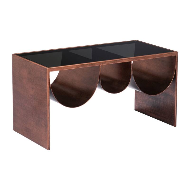 HomeRoots 32" Black and Copper Mirrored Glass and Steel Solid Coffee Table - 32.00 in. x 16.50 in. x 16.00 in.