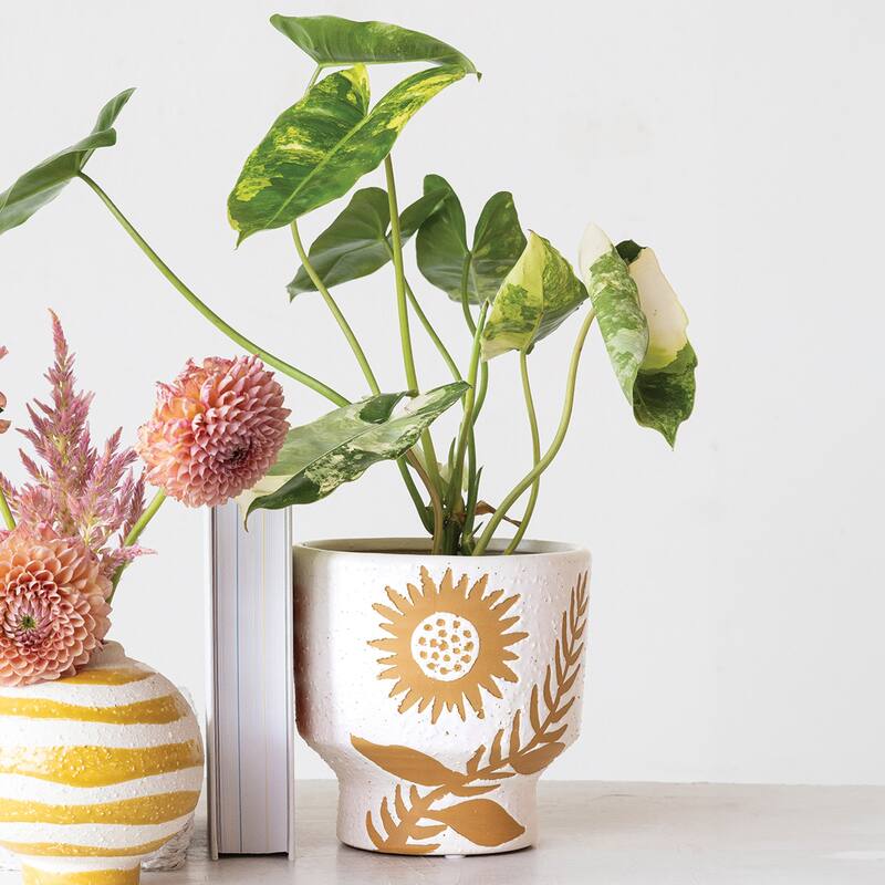 Stoneware Footed Planter with Flower with Reactive Glaze - 5.5"L x 5.5"W x 5.5"H