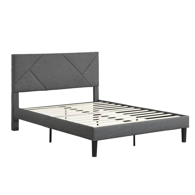 Grey Queen Size Upholstered Platform Bed with Slat Support
