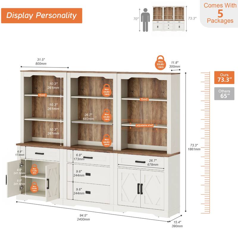 3-Column 73.3" Tall Bookshelf Set with Open Storage and Glass Doors