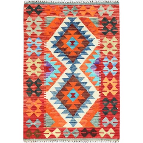 Shahbanu Rugs Orange Geometric Design Afghan Kilim Reversible Soft And Supple Wool Hand Woven Oriental Rug (2'1" x 3'1")