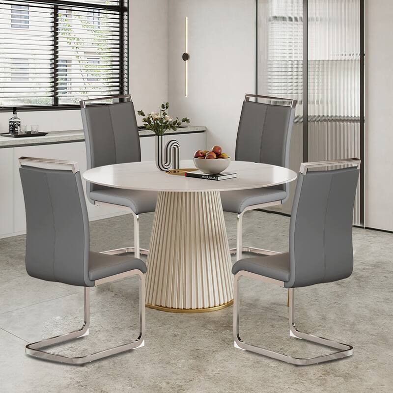 Modern PU Faux Leather High Back Dining Chairs with C-shaped Tube Chrome Metal Legs for Multiple Rooms