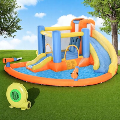 Inflatable Water Slide Bounce House with Blower, Kids Outdoor Bouncy Castle with Pool, Slide, Climbing Wall & Water Guns