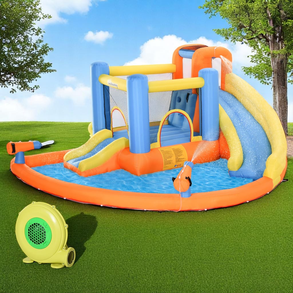 Inflatable Water Slide Bounce House with Blower, Kids Outdoor Bouncy Castle with Pool, Slide, Climbing Wall & Water Guns