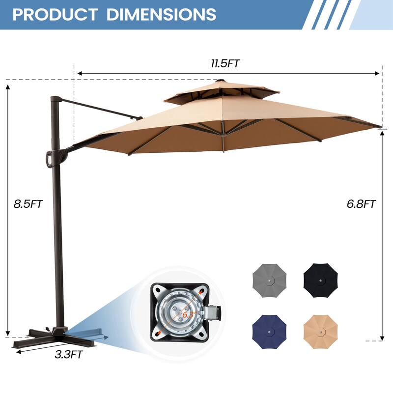 11.5 ft Round Patio Cantilever Offset Umbrella with 360-degree Rotation
