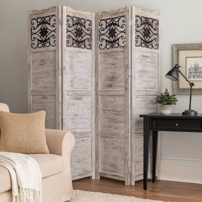 Wooden 4 Panel Screen with Textured Panels and Scrolled Details, White