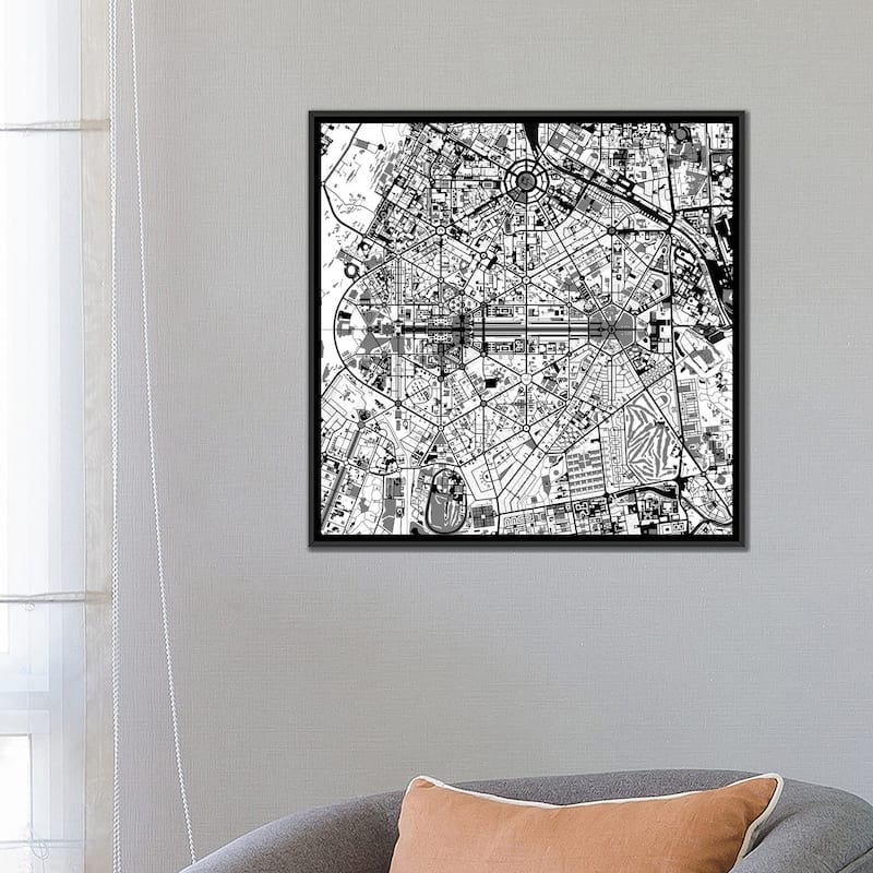 iCanvas "New Delhi Black And White" by Planos Urbanos Framed