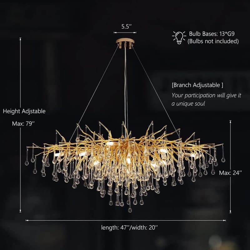 KAYLA 47" 13-Lights Gold Luxury Crystal Linear Chandelier, Modern Tree Branch Chandelier - N/A