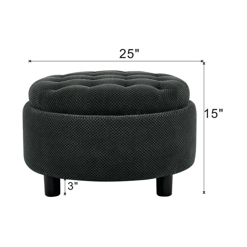 25"Round Storage Ottoman with Tray,ModernTufted Fabric Circle Coffee Table with Storage,Upholstered Ottoman with Removable Top