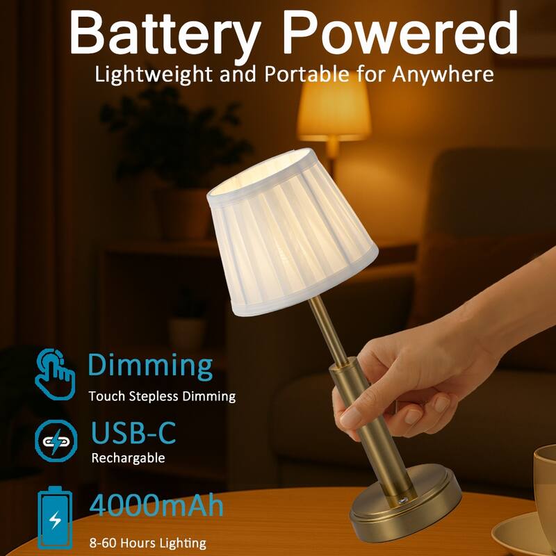 Modern Rechargeable LED Table Lamp with Fabric Shade Classic Touch Control USB Cordless Nightstand Light for Bedroom - W6''