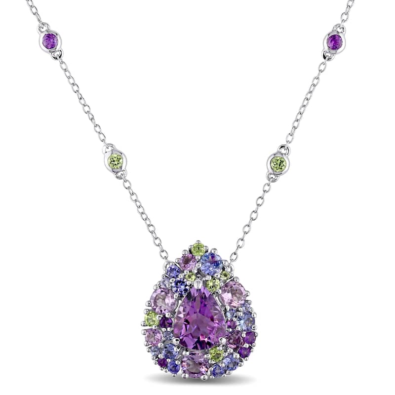 Miadora Sterling Silver Tanzanite, Rose de France, Peridot and Amethyst Teardrop Halo Station Necklace