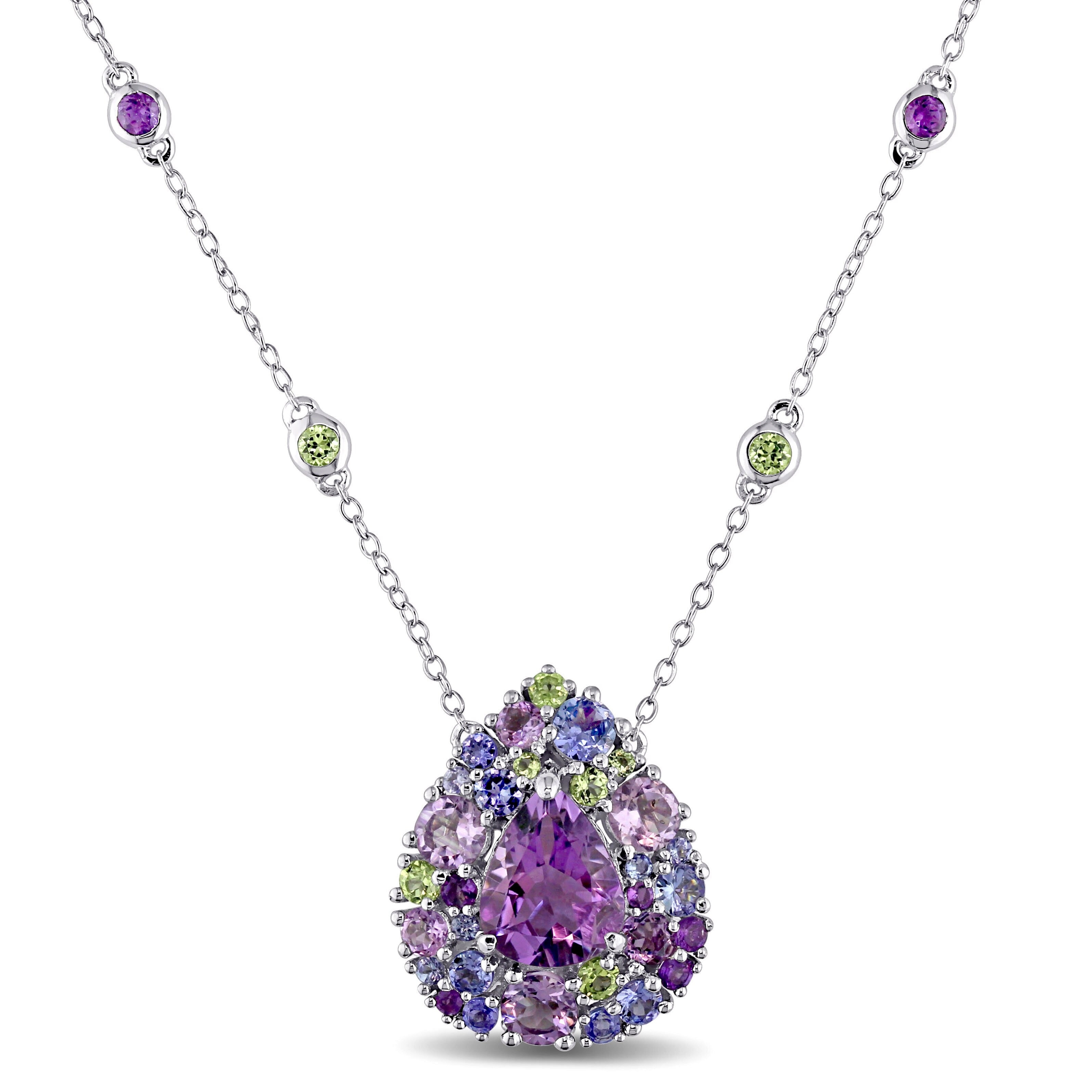 Miadora Sterling Silver Tanzanite, Rose de France, Peridot and Amethyst Teardrop Halo Station Necklace
