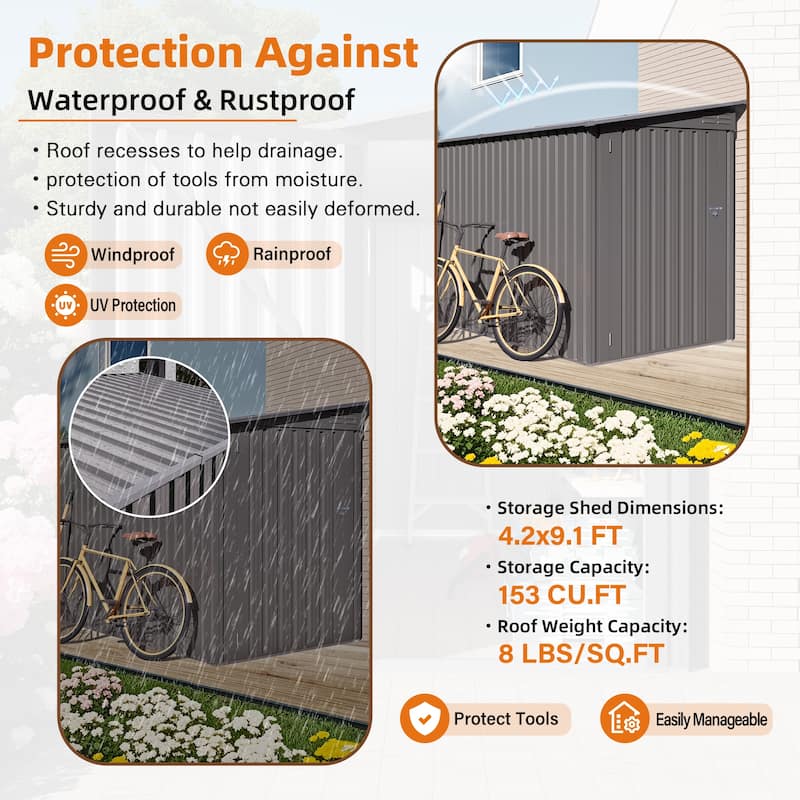 4 x 9 FT Outdoor Storage Shed, Metal Garden Shed Tool House with Sloping Roof,2 vents and 1 Side Open Door