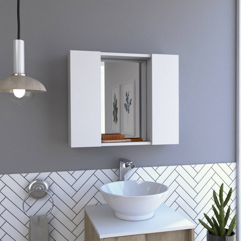2-Door Medicine Cabinet with Mirror, Bathroom Wall Cabinet with Open Shelf