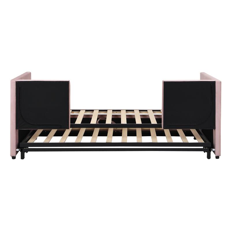 Pink Twin Daybed with Upholstered Finish and Pop-Up Trundle - No Box Spring Required
