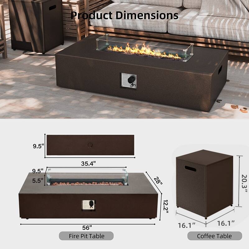 Patio Watcher Outdoor 56in. Rectangular Iron Fire Pit Table with Propane Tank Cover and Glass Wind Guard