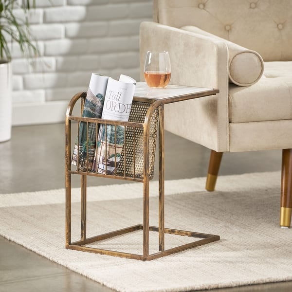 Zeyer Boho Glam Handcrafted Marble Top C-Shaped Side Table With Magazine  Rack By Christopher Knight Home - On Sale - - 32910417