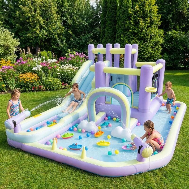Oxford Cloth Rainbow Inflatable Water Bounce Castle In Pink And Purple With Slide And Climbing Wall - N/A