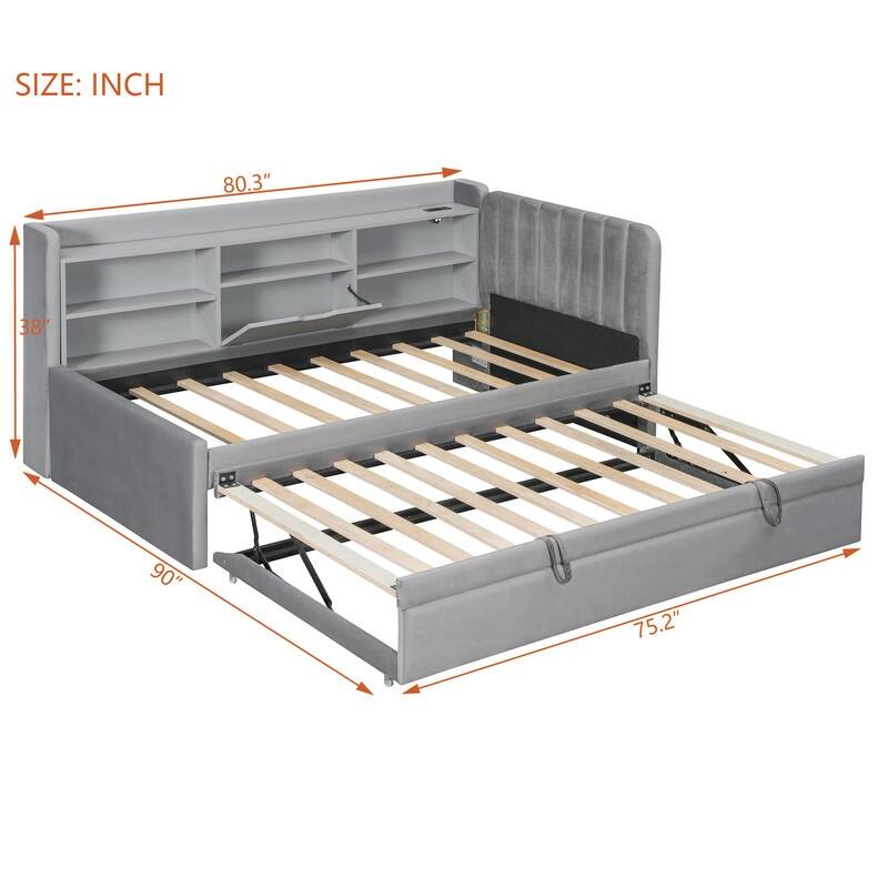 Twin Size Upholstered Daybed with Trundle, Storage Platform Bed Frame with Shelves and Charging Station