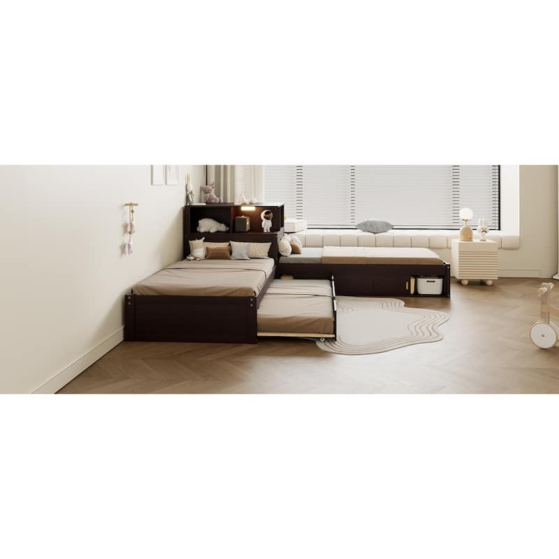 Roomfitters Twin L-Shaped Platform Bed with Trundle, Storage Cabinets and LED Desk