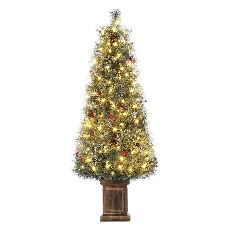 4.5 Ft Artificial Christmas Tree with 200 Warm White LED Lights and Red Berries Potted Base Holiday Xmas Tree - 11#