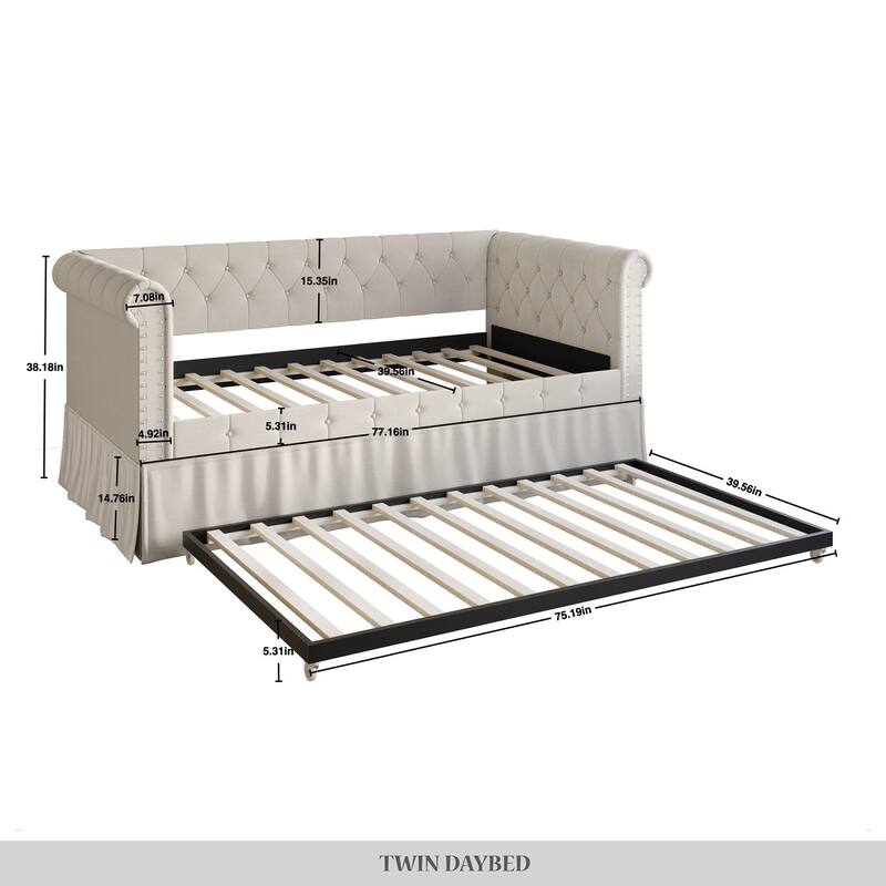CraftPorch Twin Size Chesterfield Daybed In Linen With Trundle
