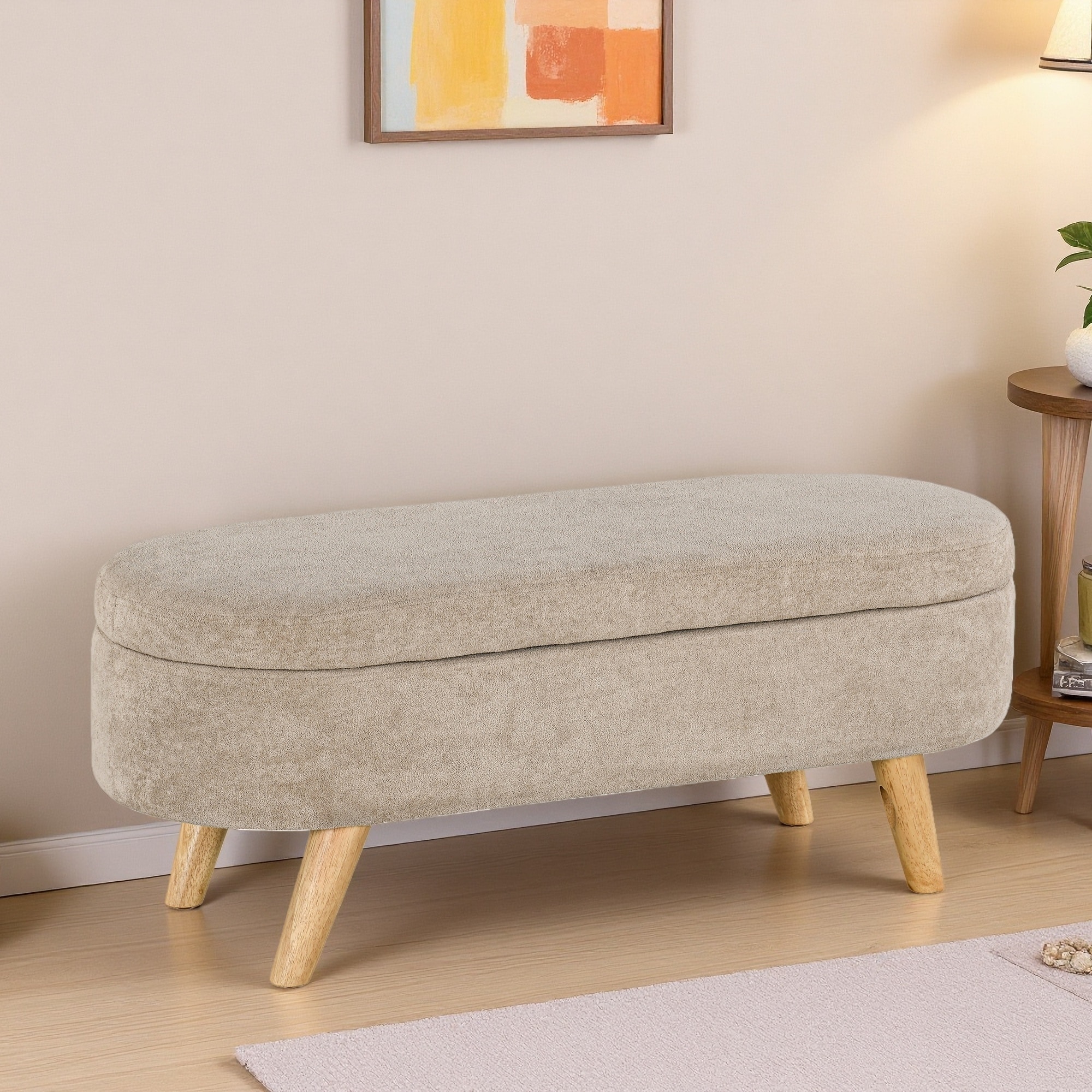 43"L Teddy Fleece Upholstered Oval Ottoman, Wood Legs, Hidden Storage