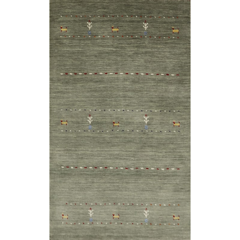 Hand Knotted Oriental 100% Wool Carpet Tribal Animal Pictorial Green Gabbeh Area Rug - 4' 11'' X 3' 0''