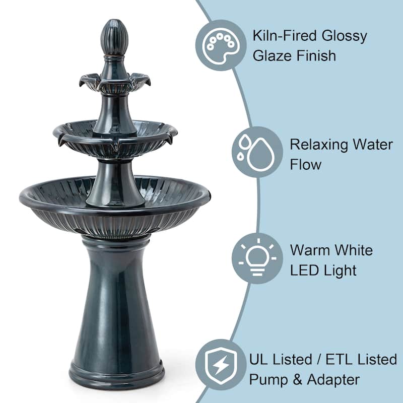 Glitzhome 45"H Oversized 3-Tier Pedestal Lotus Ceramic Resin Outdoor LED Fountains