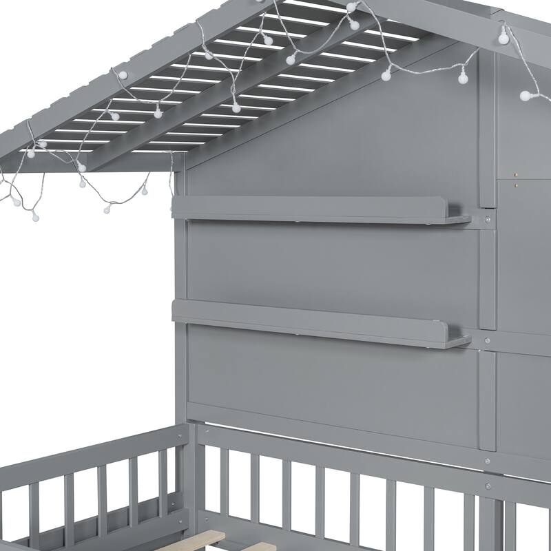 Twin Size House Bed with Shelves, Gray Wood Platform Bed with Window & Sparkling Light Strip on The Roof, No Box Spring Needed