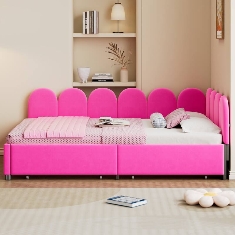 L-Shape Garden Backrest Daybed, Velvet Upholstered Sofabed with 2 Drawers, Soft Fabric Headboard Platform Bed Frame - Rose Red - Full
