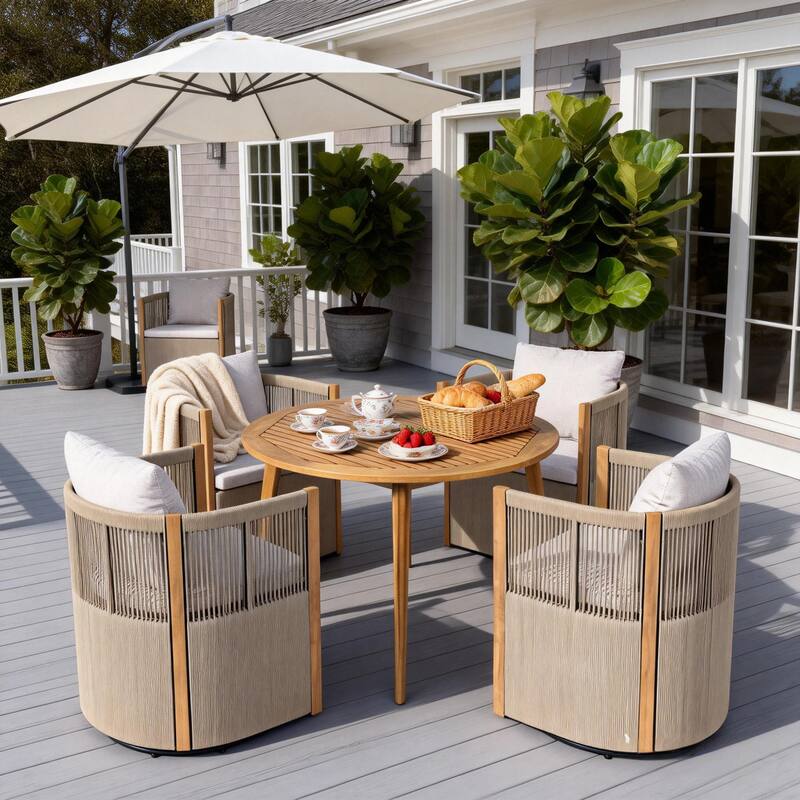 Christopher Knight Home - Nola 5-Piece Outdoor Acacia Wood Swivel Dining Set with Woven Rope Chairs & 47.25" Round Slat Table - Teak Finish+Beige