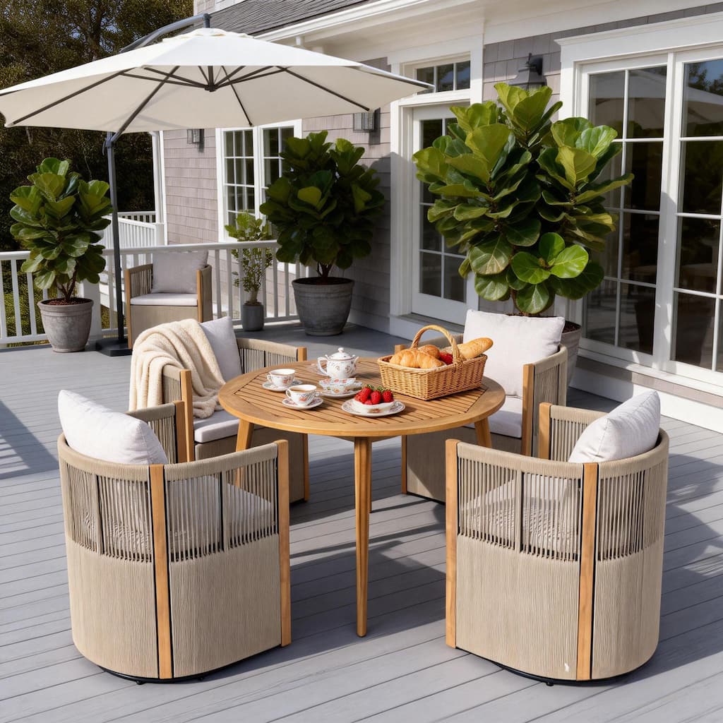Christopher Knight Home - Nola 5-Piece Outdoor Acacia Wood Swivel Dining Set with Woven Rope Chairs & 47.25" Round Slat Table