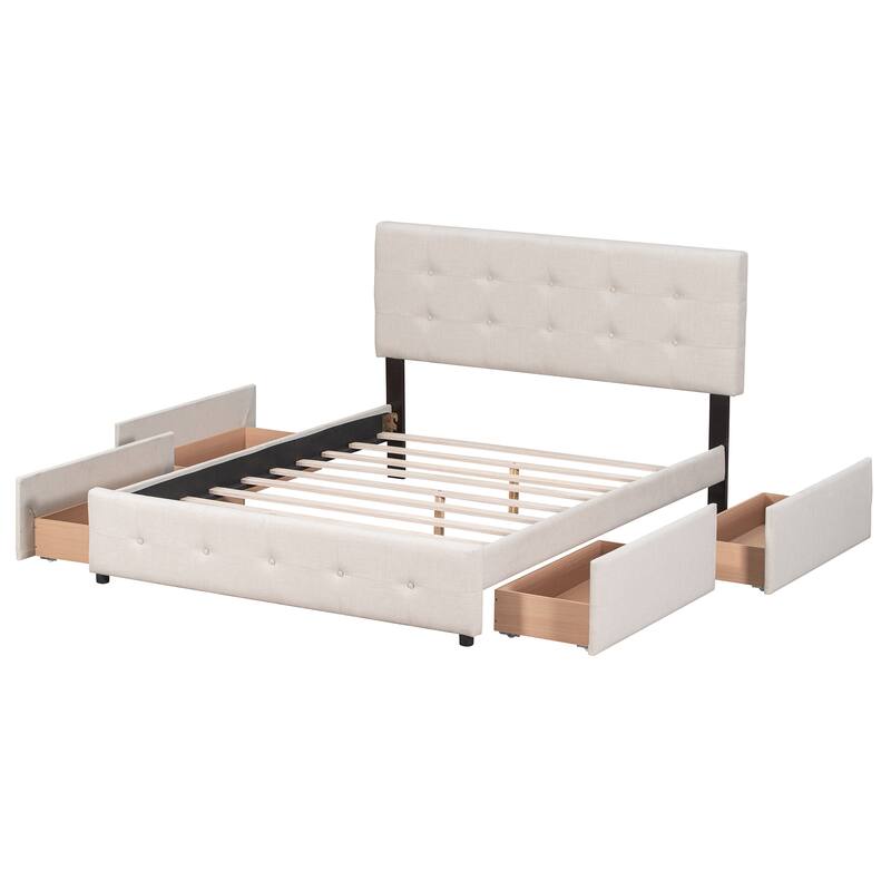 Queen Size Upholstered Platform Bed with Headboard and 4 Drawers, Linen Fabric, No Box Spring Needed