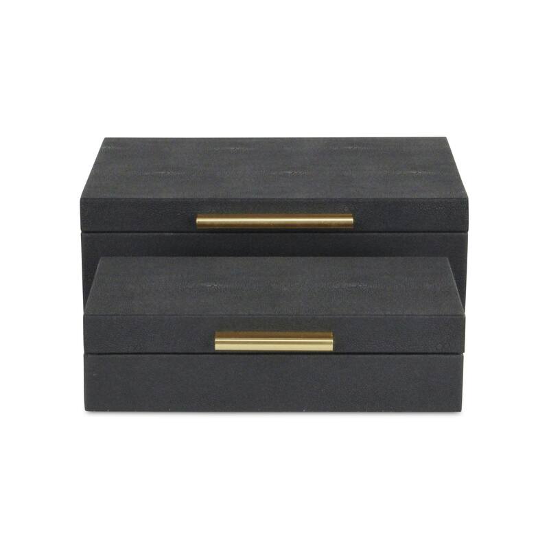 Set of 2 Black Rectangular Faux Shagreen Decorative Box with Handles 11.75"