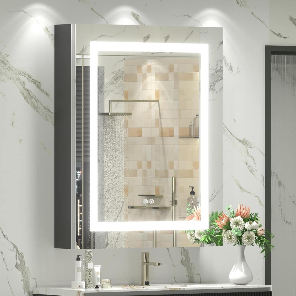 KIOTEE LED Lighted Recessed or Surface Mount Medicine Cabinet Mirror with Dimmable Light and Socket