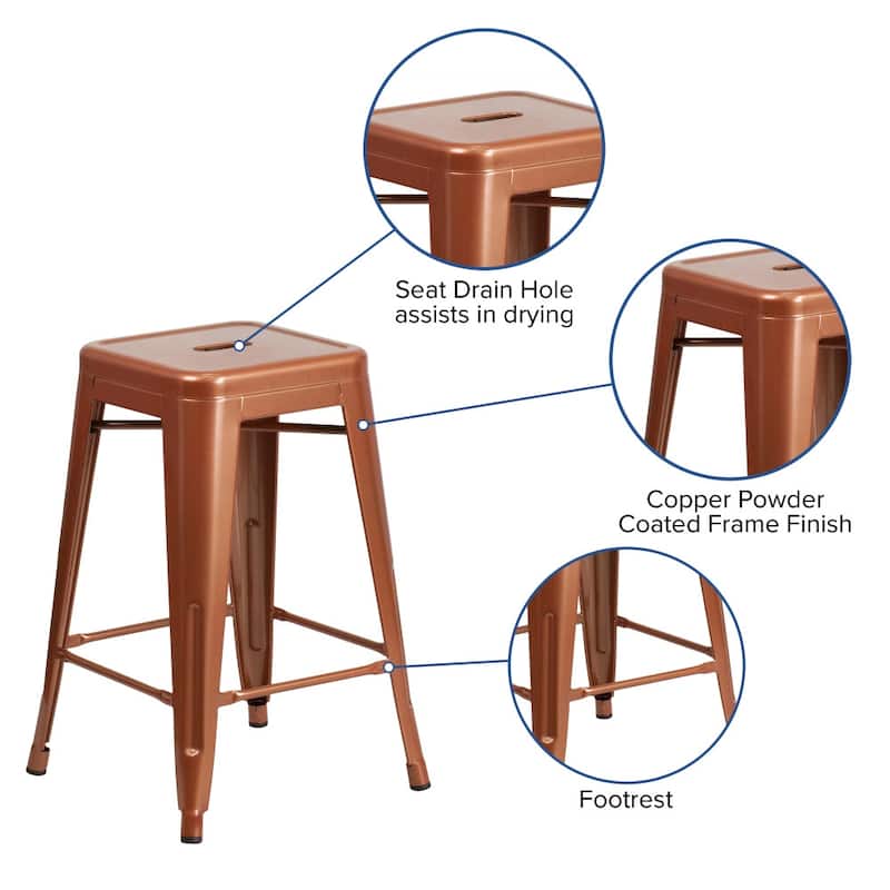 24" High Backless Metal Indoor-Outdoor Counter Height Stool w/Square Seat