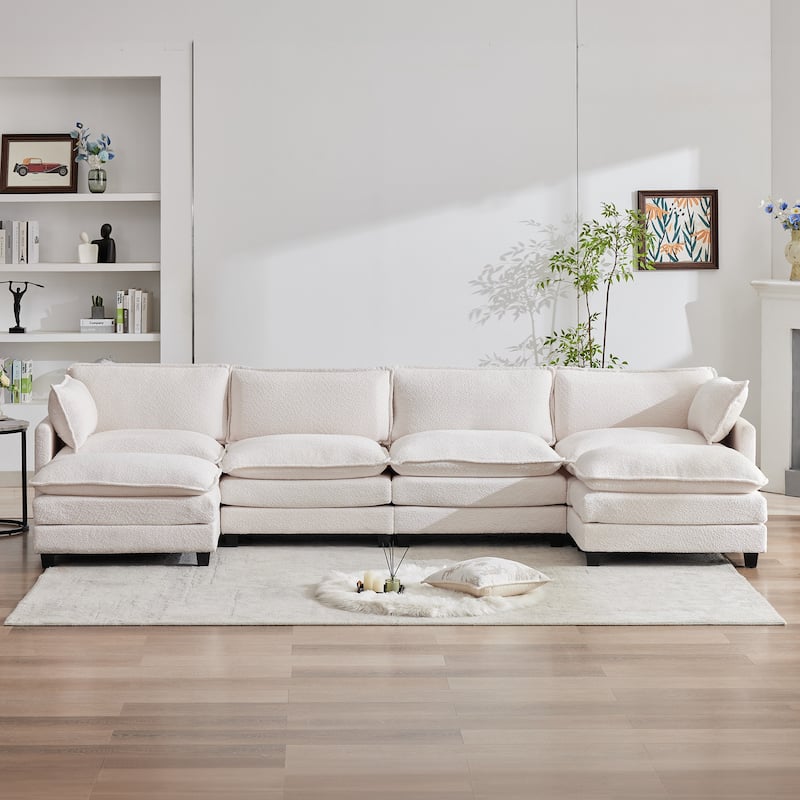 CLICKBIN Chenille Fabric Stragiht Arm L-Shaped Modular Sectional Sofa Couch with Ottoman for Living Room - Beige-4 Seat