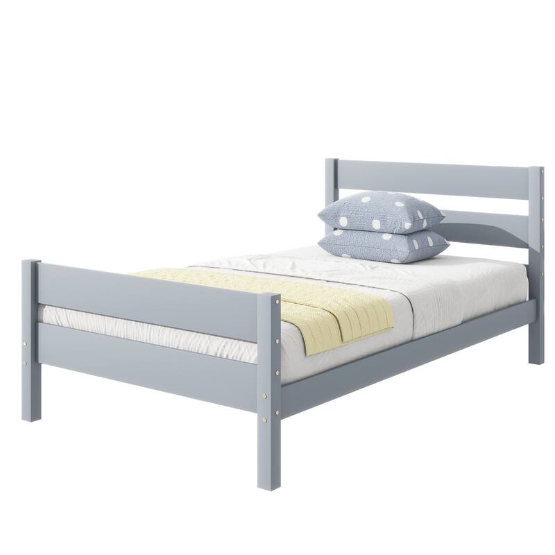 Roomfitters Twin Rubber Wood Bed Frame with Headboard and Footboard, Platform Support Design, No Box Spring Needed, Grey