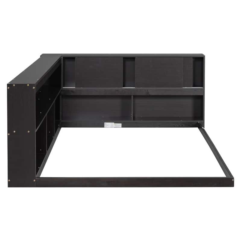 Full Floor Bed Frame with L-shaped Bookcases, Sliding Doors,without Slats
