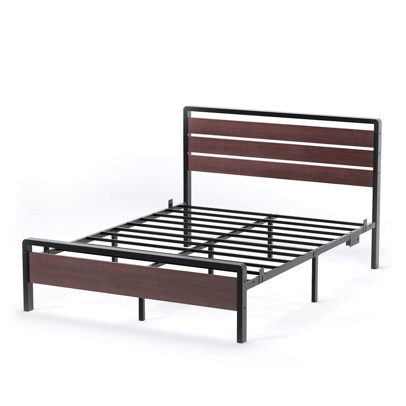 Bed Frame with LED Light and Charging Station, Metal Platform Bed with Wood Headboard
