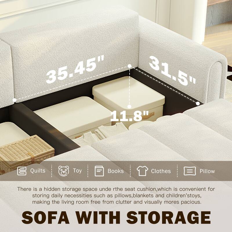 Homy Casa 90" 4-Seater Teddy Fabric Sofa with Hidden Seat Storage, 3-in-1 Convertible Sleeper Couch, Beige/Grey/Black