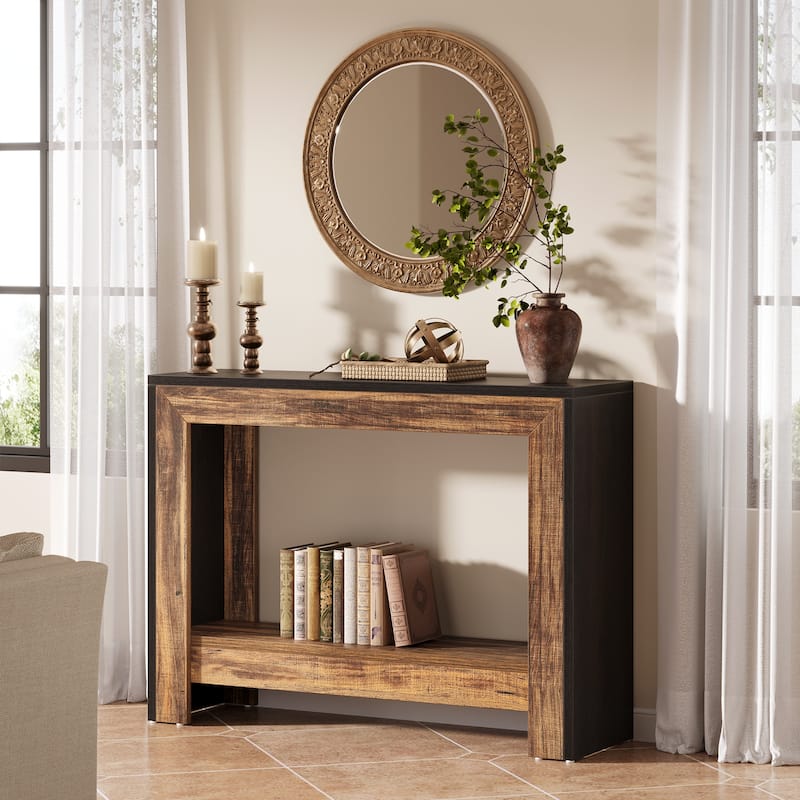 Small Industiral Wood Console Sofa Table for Entryway - Brown+Black