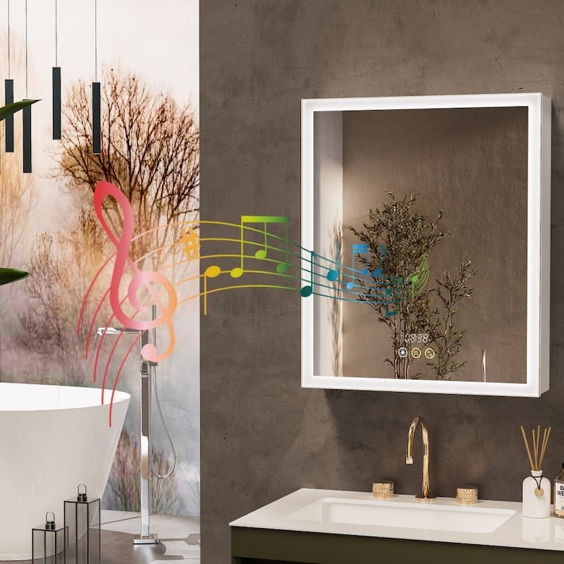 Illuminated LED Wall Mirrored Bathroom Storage Medicine Cabinet with Shaver Socket Bluetooth Anti-Fog Lighted Mirror Cabinet