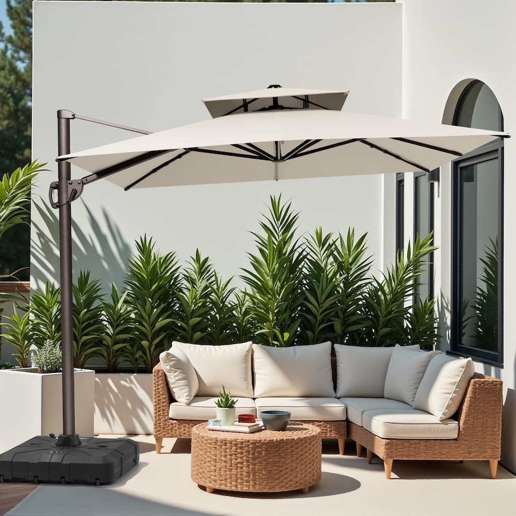 11 x 9 FT Outdoor Aluminum Cantilever Patio Umbrella Double Top with Wheeled Base, 360° Rotation & Crank Tilt