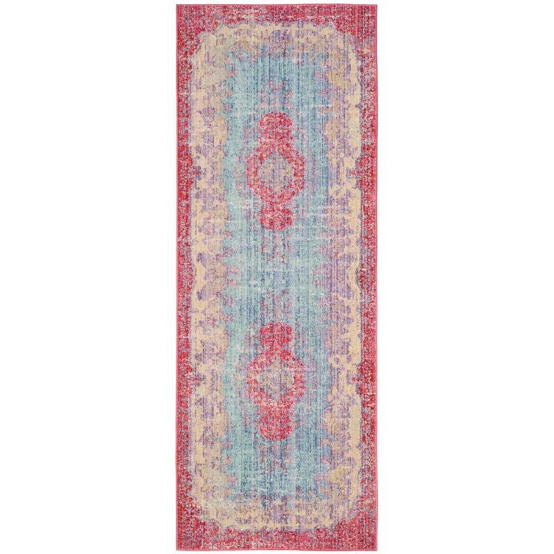 SAFAVIEH Windsor Matilda Shabby Chic Silky Polyester Distressed Rug - 3' x 12' Runner - Light Blue/Fuchsia