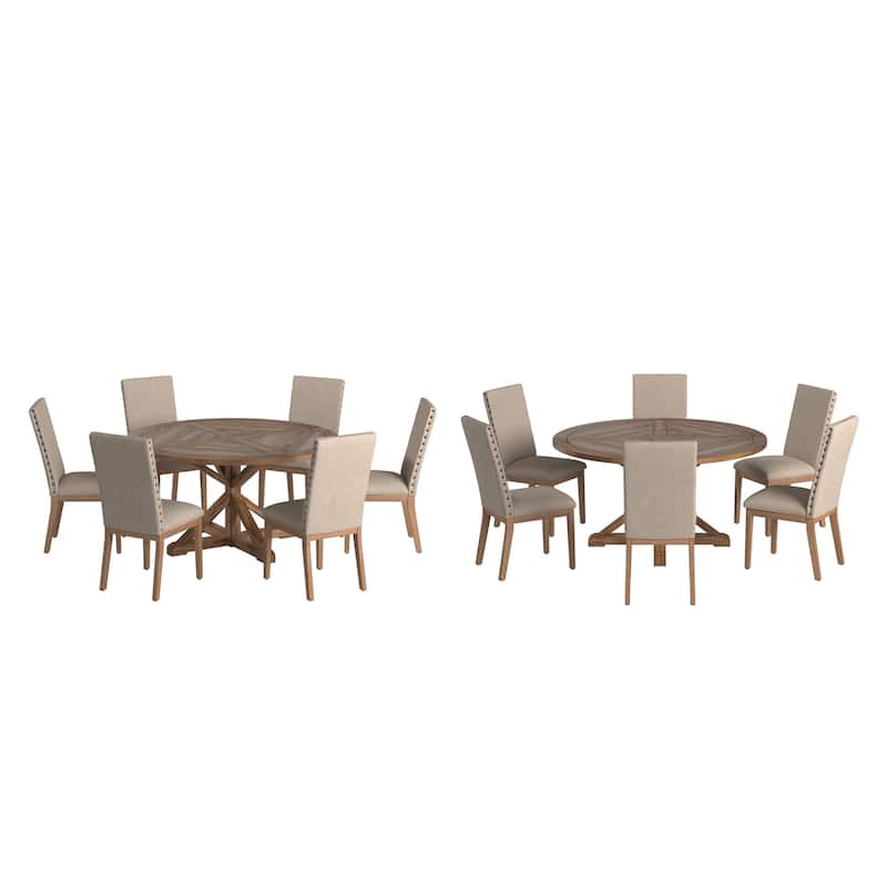 Krakova Rustic X-Base Round Pine Wood Dining Set - 7-Piece Set - Beige