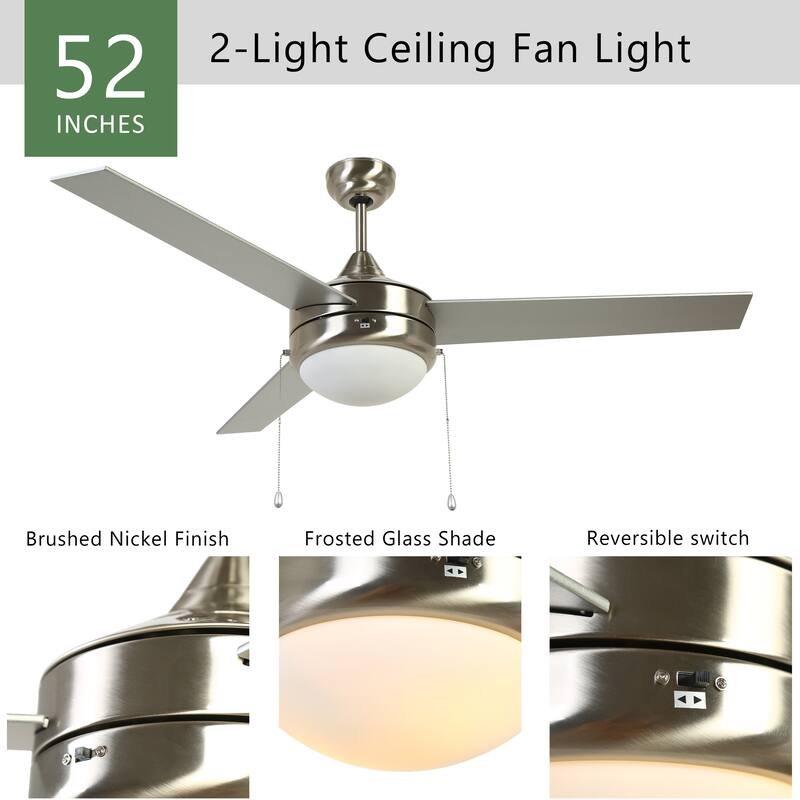 52" Modern Silver Indoor Flush Mount Ceiling Fan with Light - 52" Dia × 17.7" H